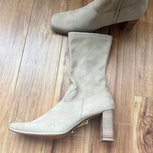 Bongo Tan Vegan Suede Boots 10M Mid Block Heel Y2K Zip Fall Retro Chic Boho